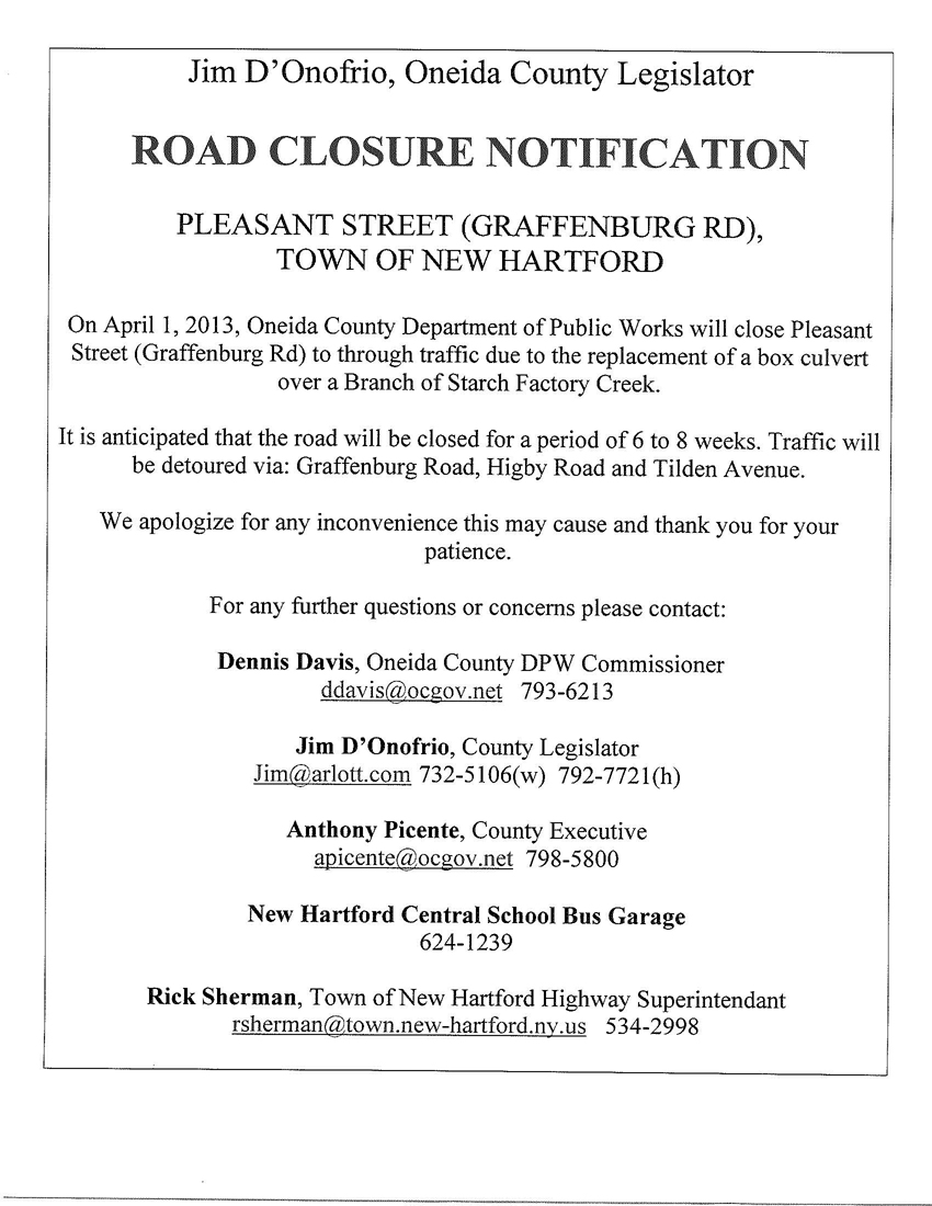 Road Closure Flyer Jim D'Onofrio for County Legislator